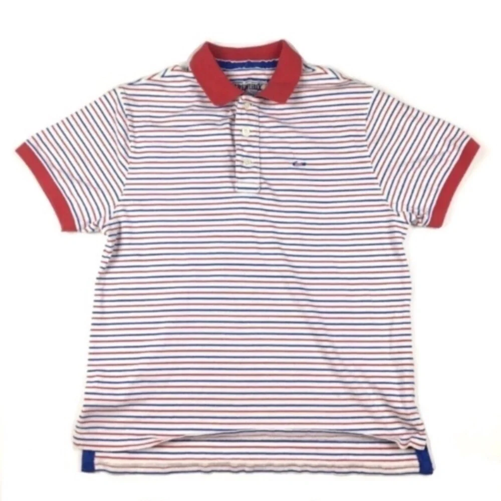 CREMIEUX Premium Denim Polo Shirt Stripe Short Sleeve Red White Blue Size Large